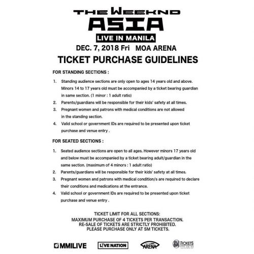 the weeknd asia live in manila moa arena concert 2018 ticket purchase guidelines standing seated limit age